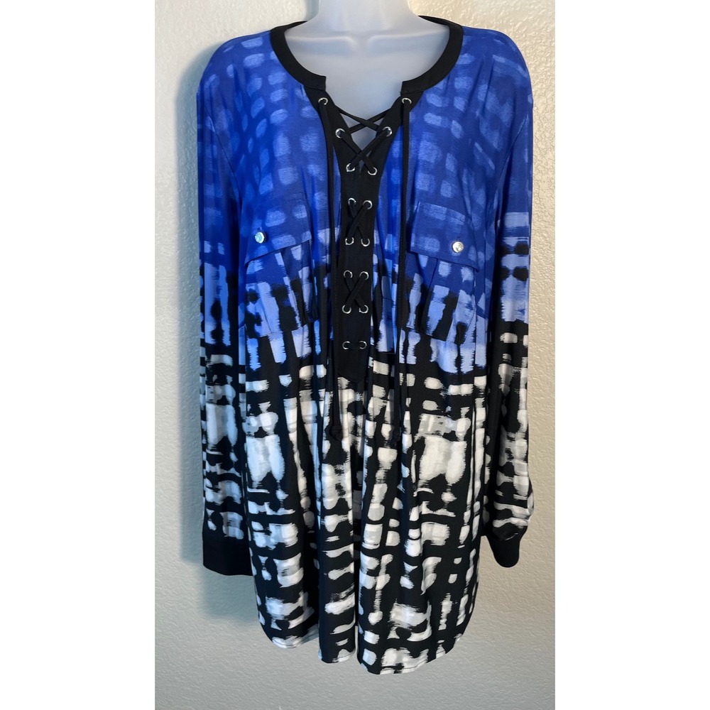 Nygard Womens 2X Tunic Top Blue Black White Lace Up Abstract Grid Long Sleeve